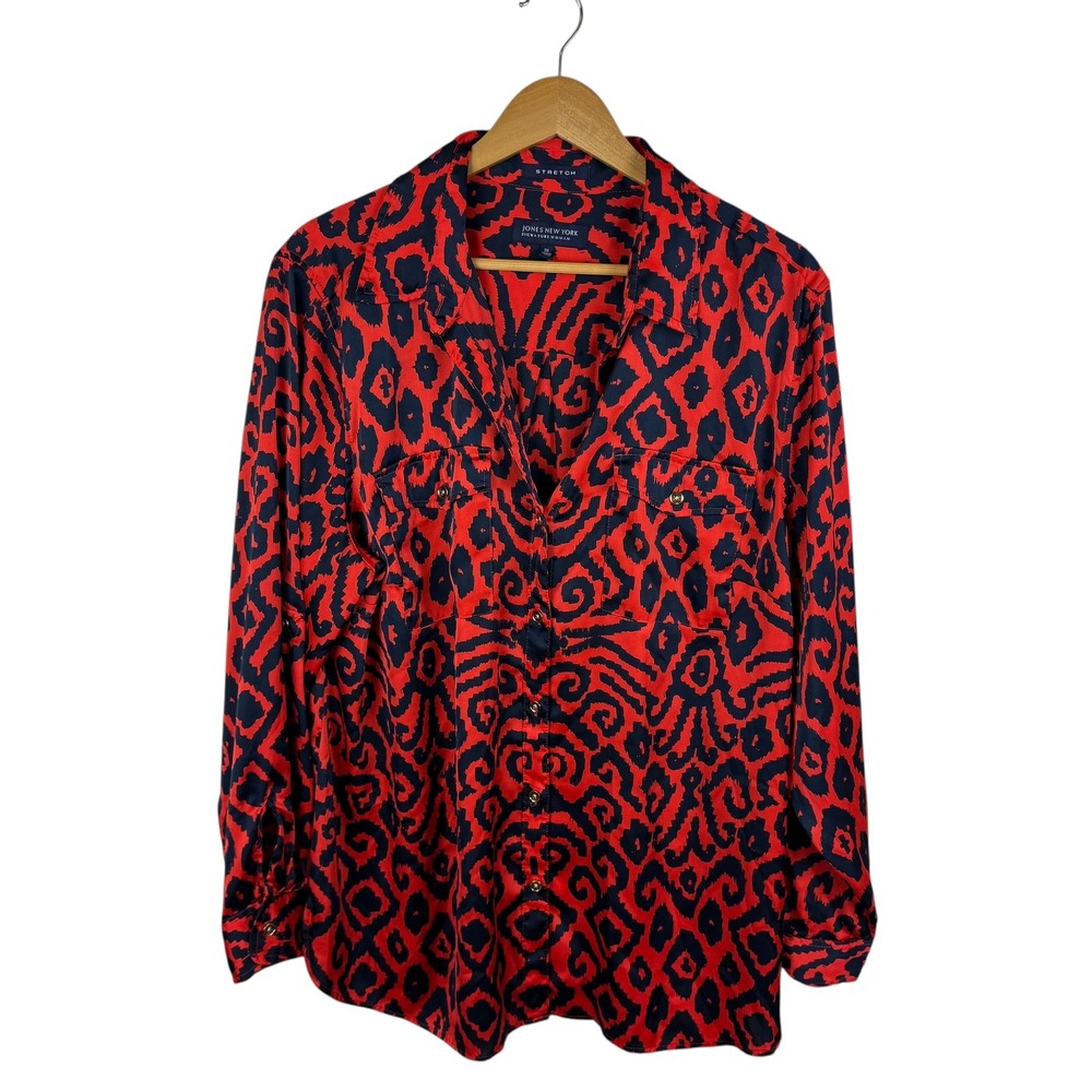 Jones New York Ikat Button Down Shirt Size 2X Red Satin Lightweight‎ Office Bold